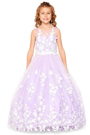 Little Girls Lilac 3D Floral Applique Lace Sequin Flower Girl Dress 2-6